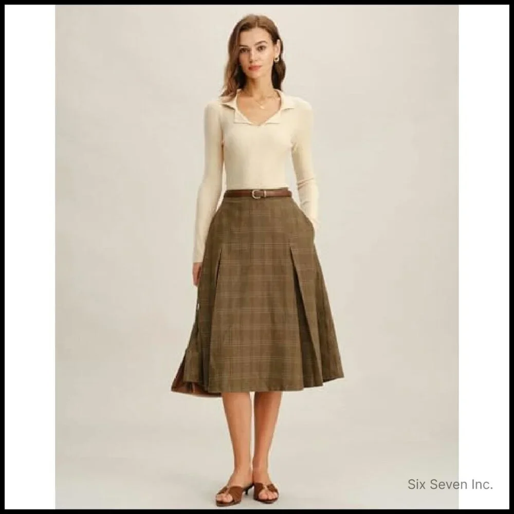 Pleated A-Line Midi Skirt Vintage Elegant Retro Wool-Blend with Pockets